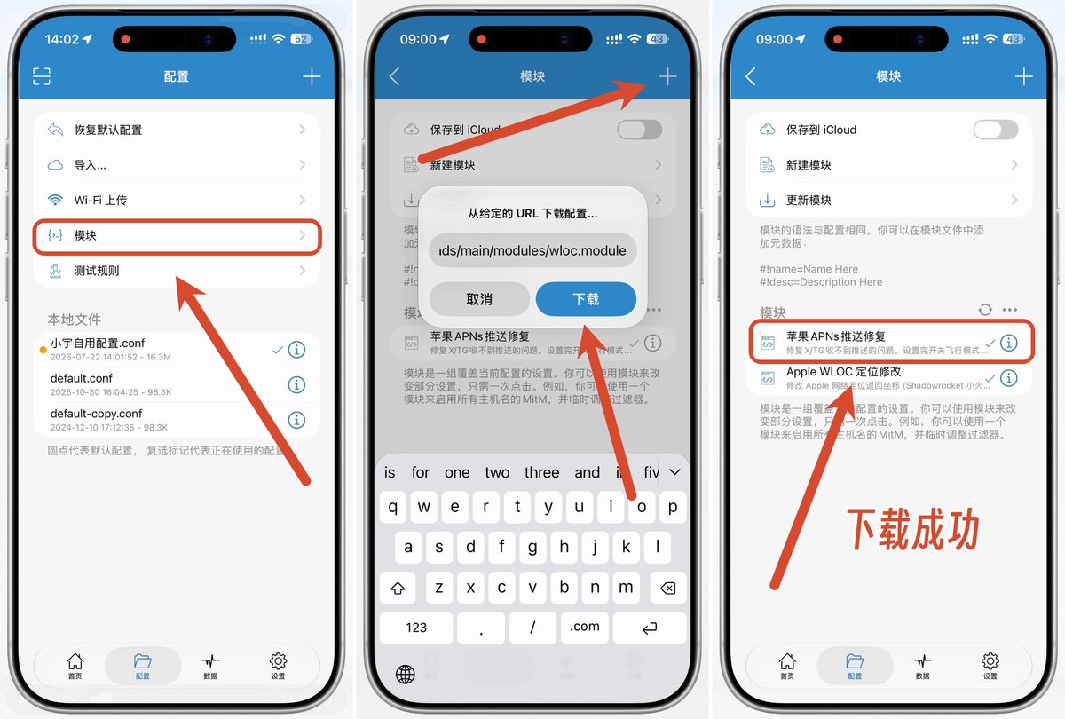 图 6　配置 → 模块 → 来自 URL，导入后出现"Apple WLOC 定位修改"
